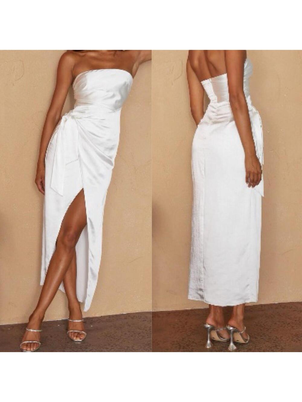 NWT Selfie Leslie Strapless White Satin Wrap Dress Waist Tie Midi - XXL